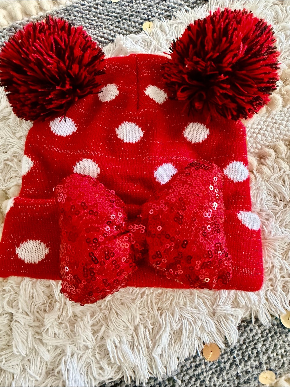 Disney Red Polka Dot Kids Beanie with Sequin Bow and Double Pom Poms